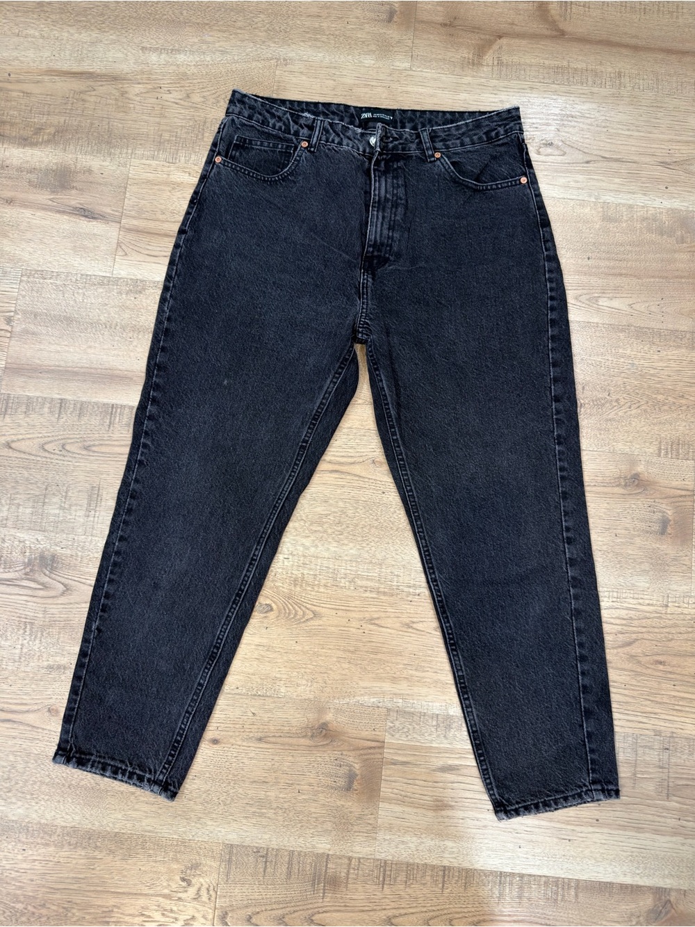 Zara Black Wash Relaxed Straight Leg Jeans Women’s Size 14 High Rise Cotton